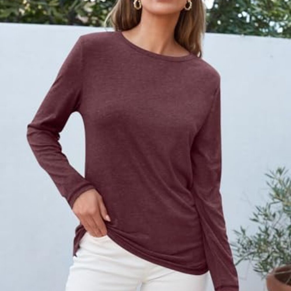Women's Outfits Clothes wine Red Long Sleeve Round Neck Shirts Basic Tops